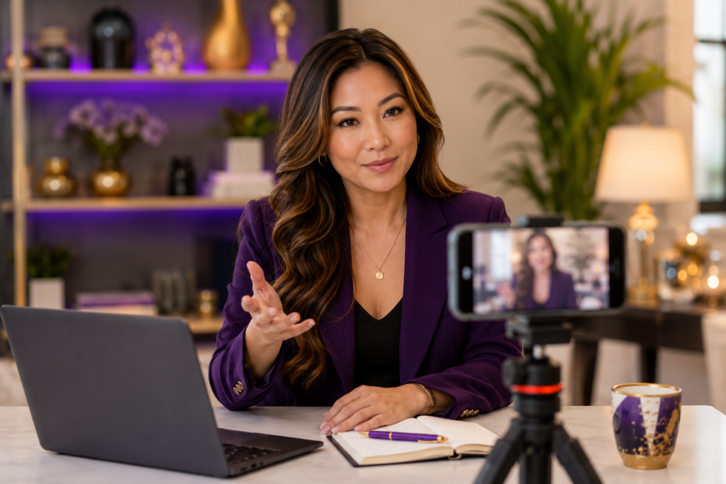 Professional woman recording video content in a stylish workspace with laptop, smartphone camera setup, and warm lighting.