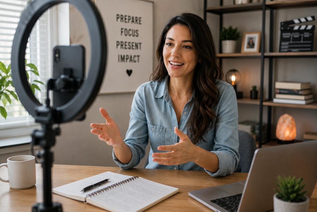 Professional entrepreneur preparing to record video content in a home office while creating authentic and engaging on-camera communication.