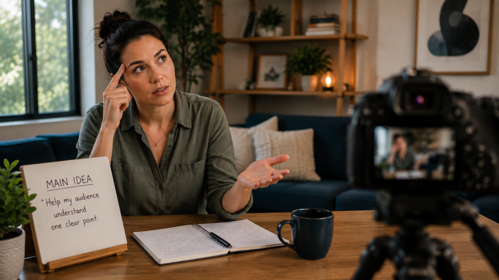 Professional pausing naturally during a video recording and demonstrating calm on-camera confidence.
