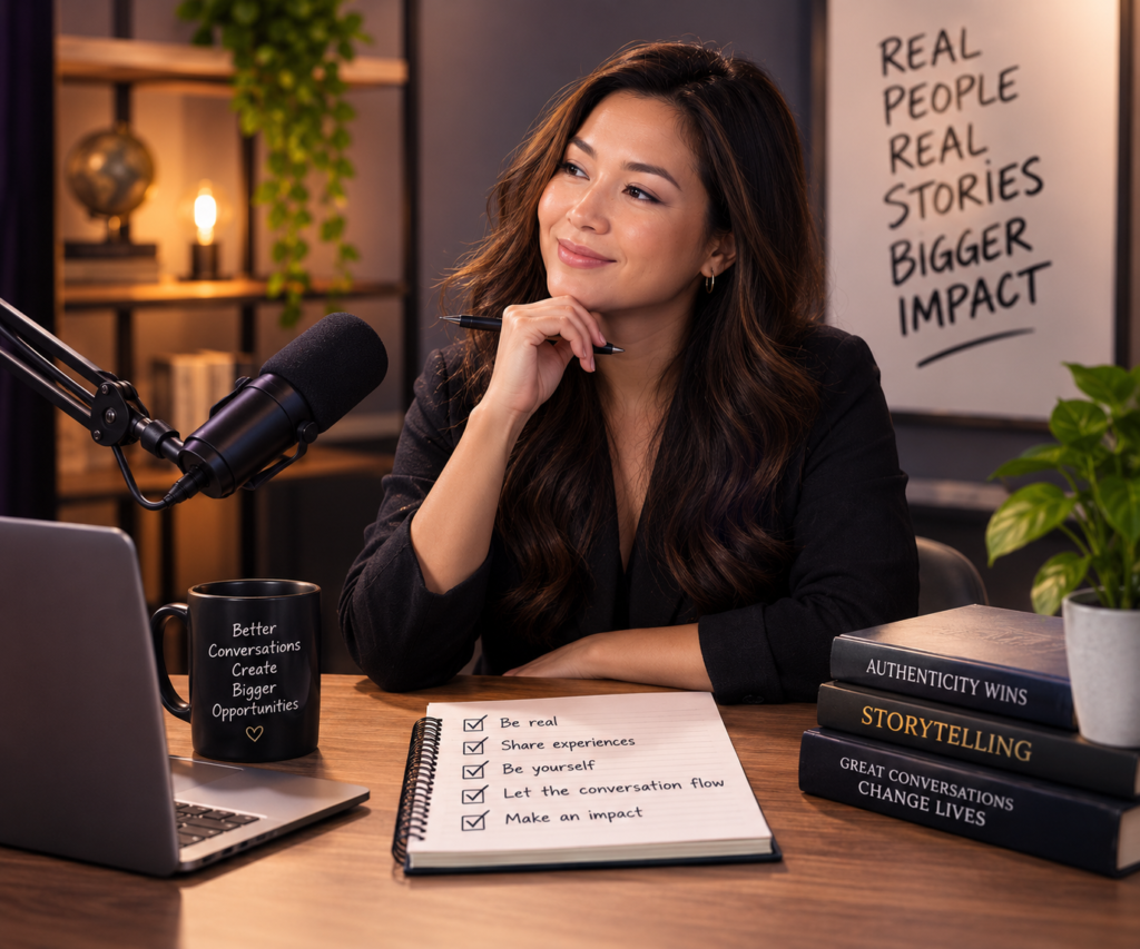 Podcast guest having a natural interview conversation while sharing stories and ideas without relying on a script.